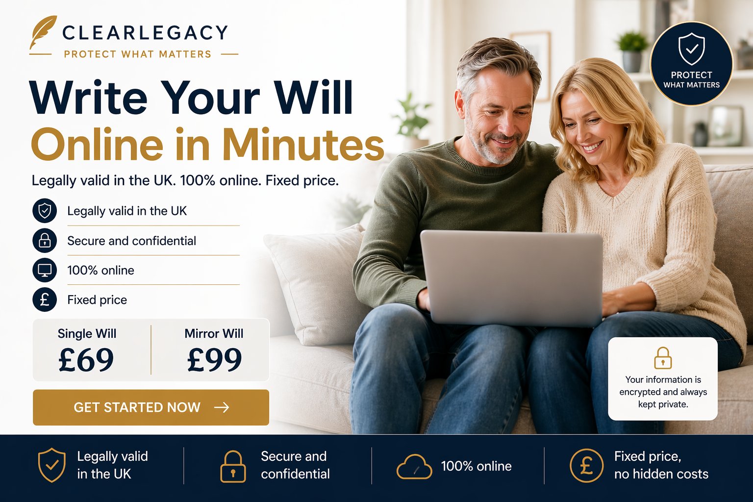 Couple writing their Will online with ClearLegacy — legally valid in England and Wales, Single Will from £69, Mirror Wills from £99