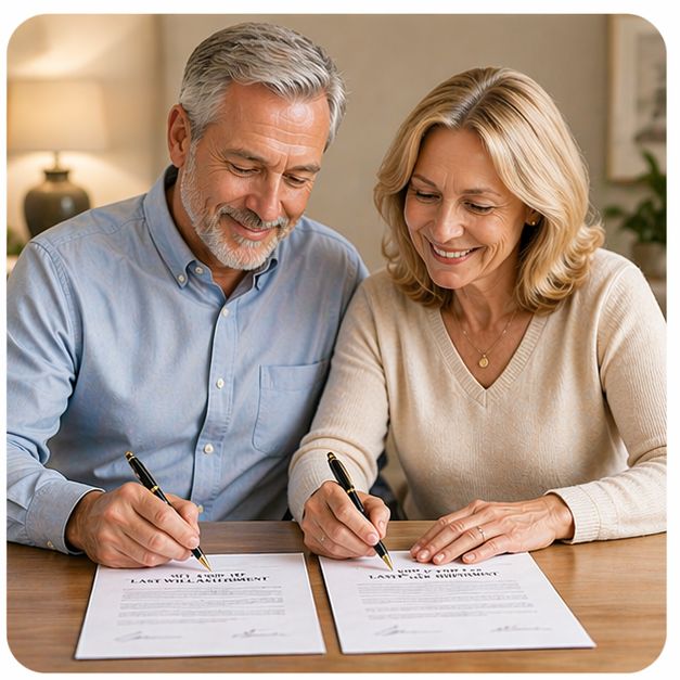 A couple in their fifties sitting together at home, calmly writing their wills side by side.